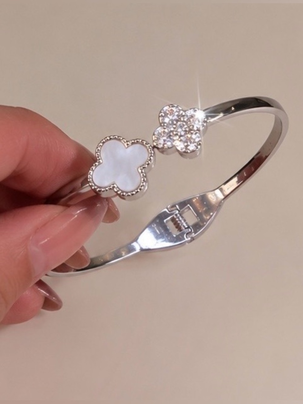 Silver Flower Cuff Bracelet - White Mother-of-Pearl & Crystal🤍🩶 - Picture 4 of 5